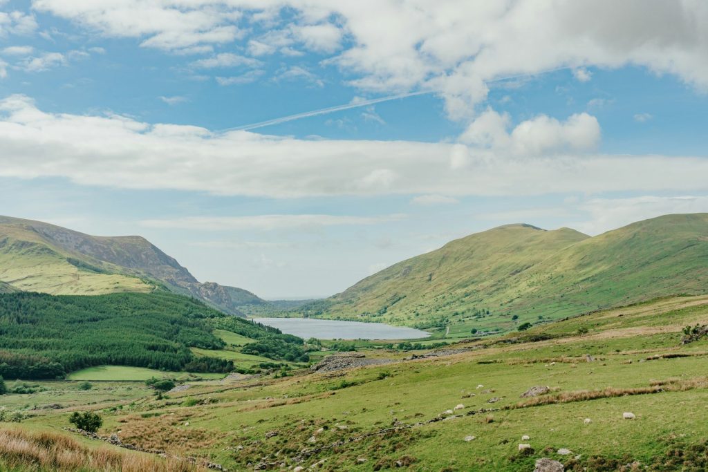 a grassy valley with a lake in the distance