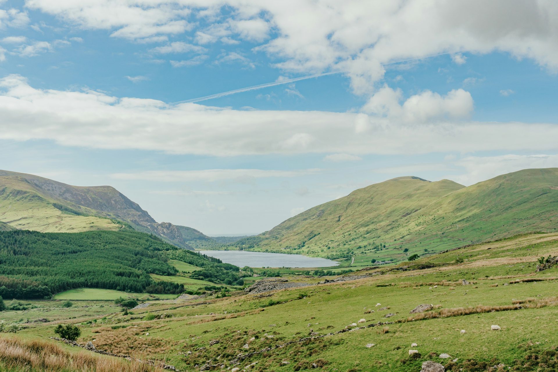 a grassy valley with a lake in the distance